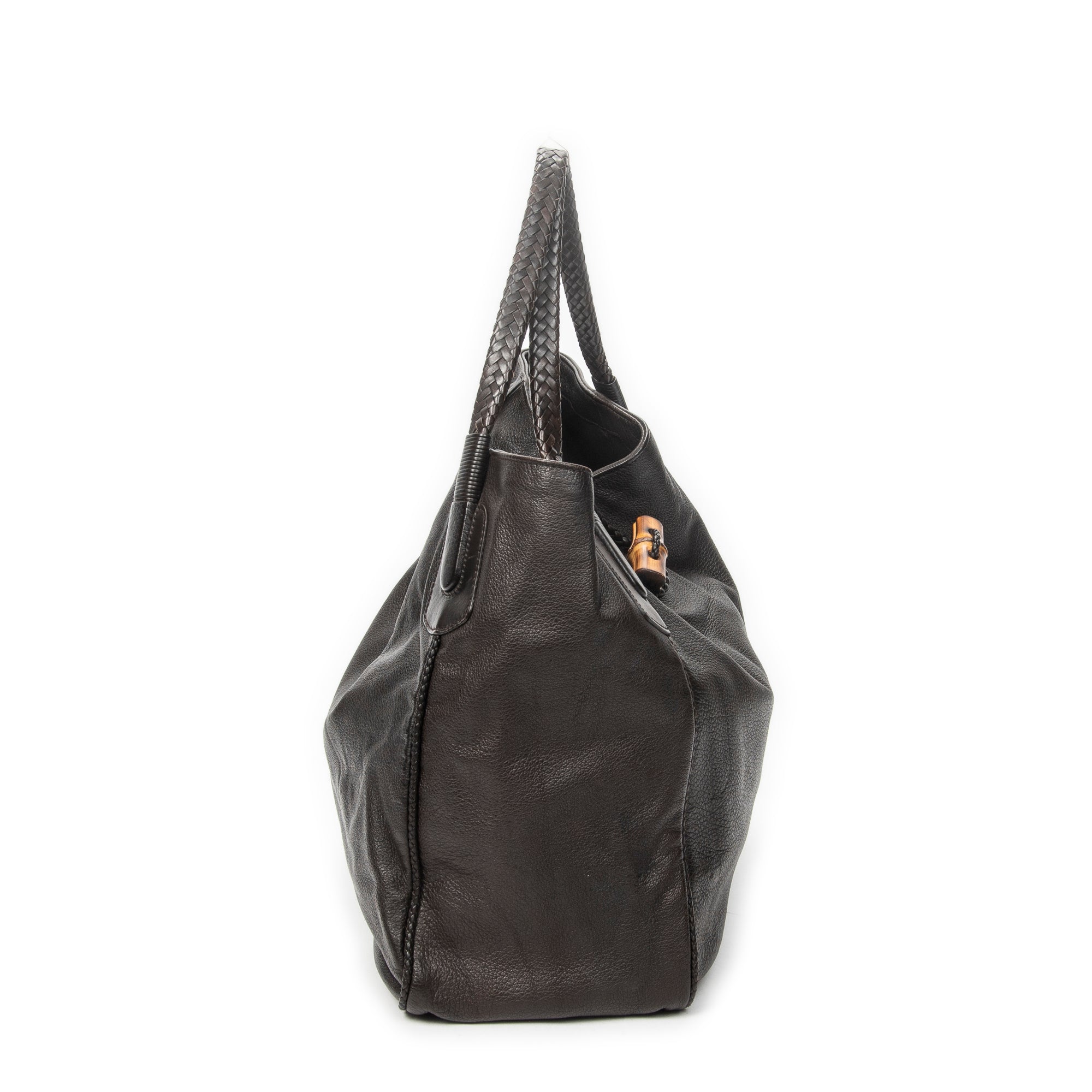 Bolso de Hombro Grande de Bambú Estilo Tote de Piel de Ciervo Marrón Grabada
