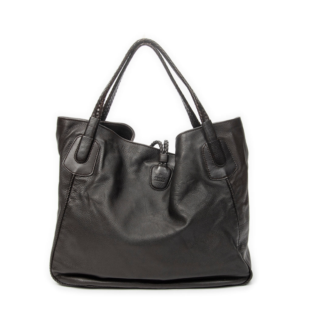Bolso de Hombro Grande de Bambú Estilo Tote de Piel de Ciervo Marrón Grabada