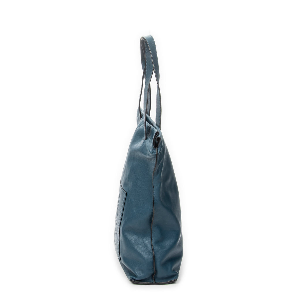 Shoulder Bag Anagram Shopper Tote Teal Blue Calfskin Leather