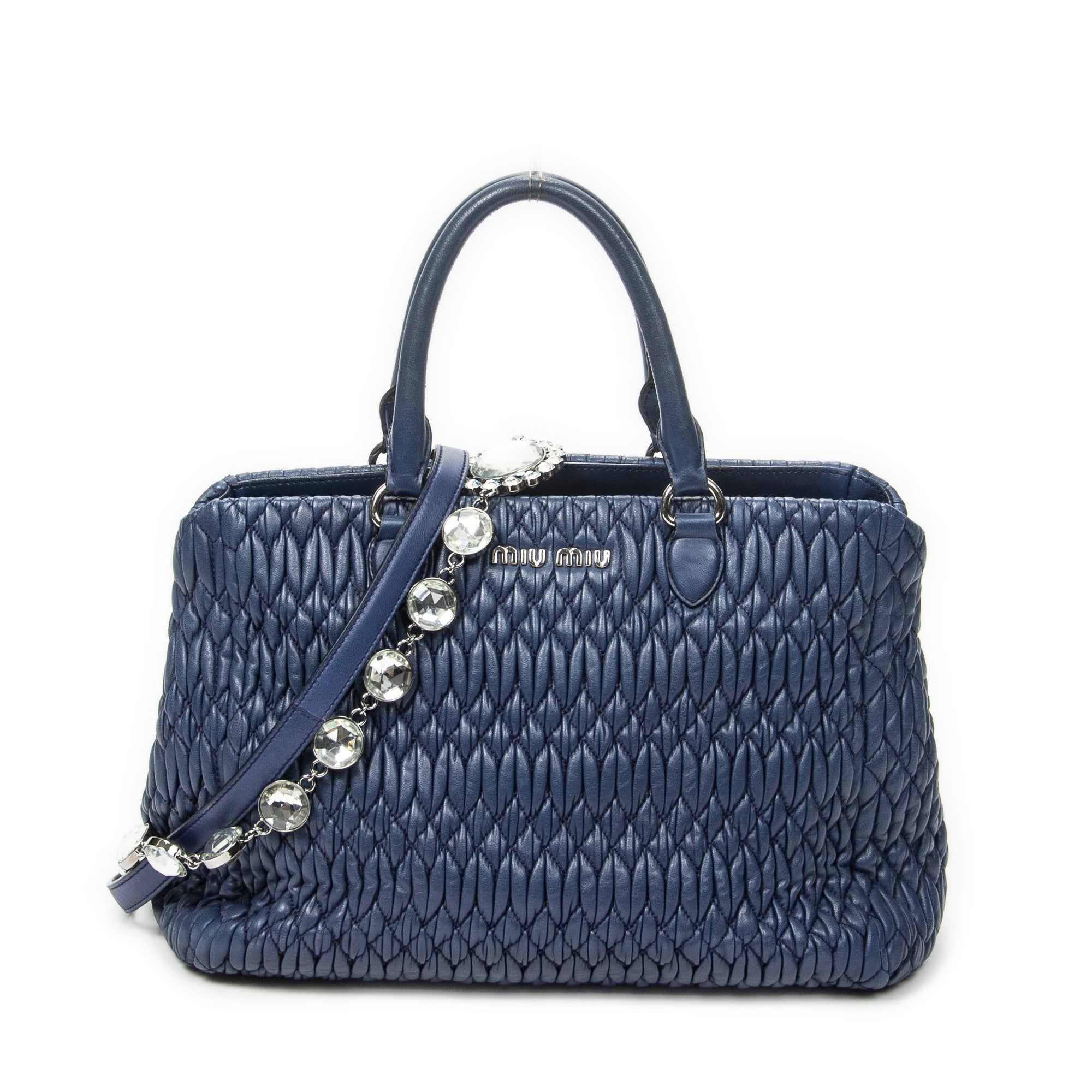 Handbag Square Crystal Tote Blue Nappa Matelasse Leather