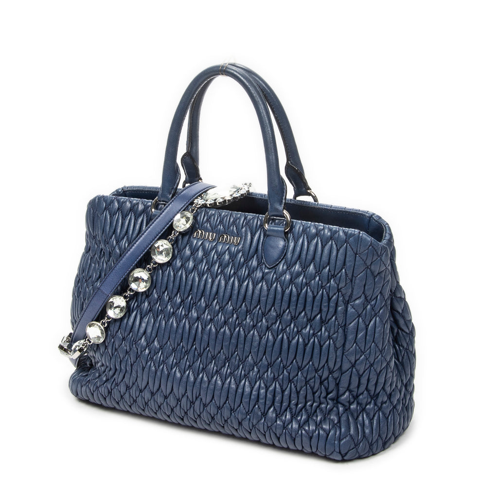 Handbag Square Crystal Tote Blue Nappa Matelasse Leather