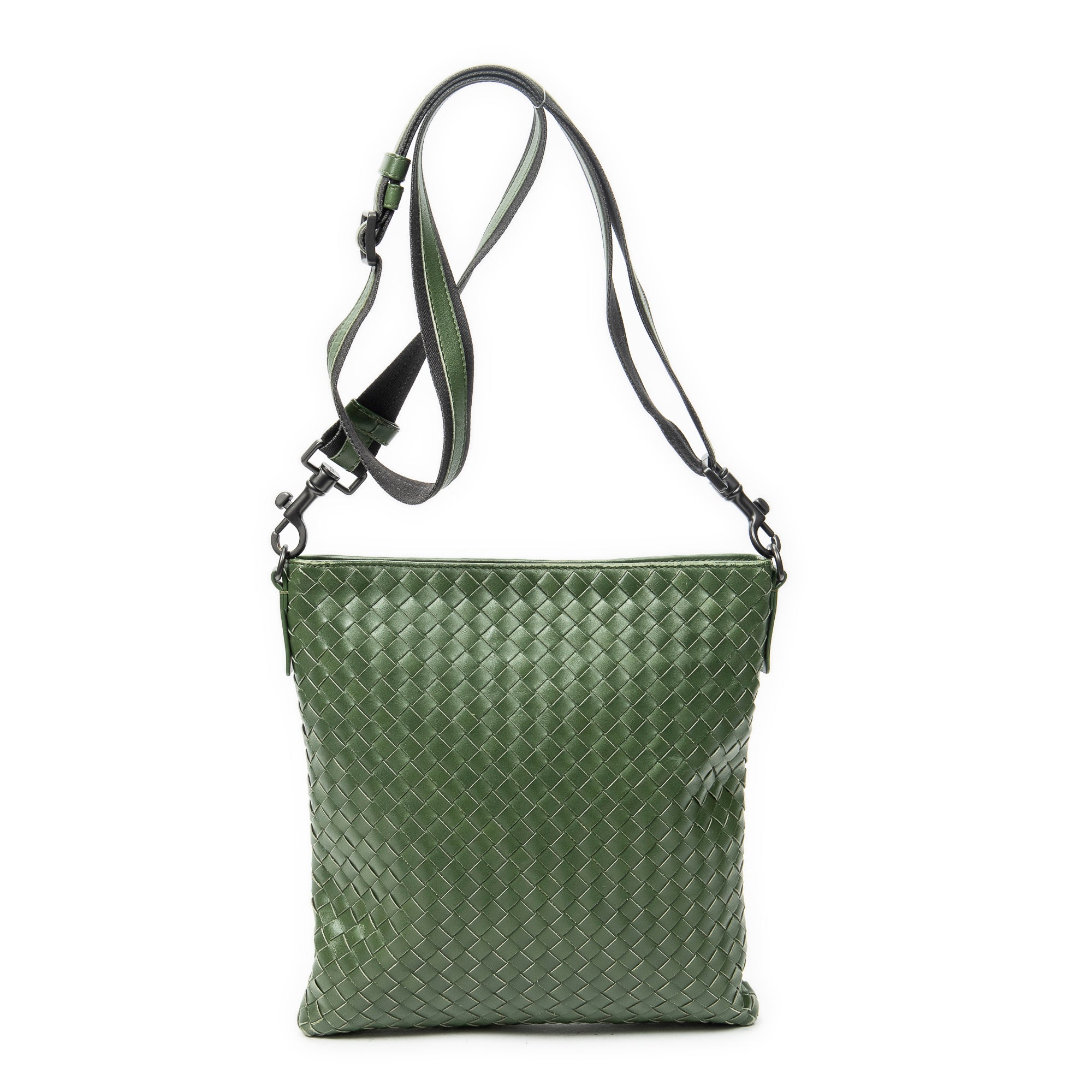 Shoulder Bag Flat Messenger Green Intrecciato Leather