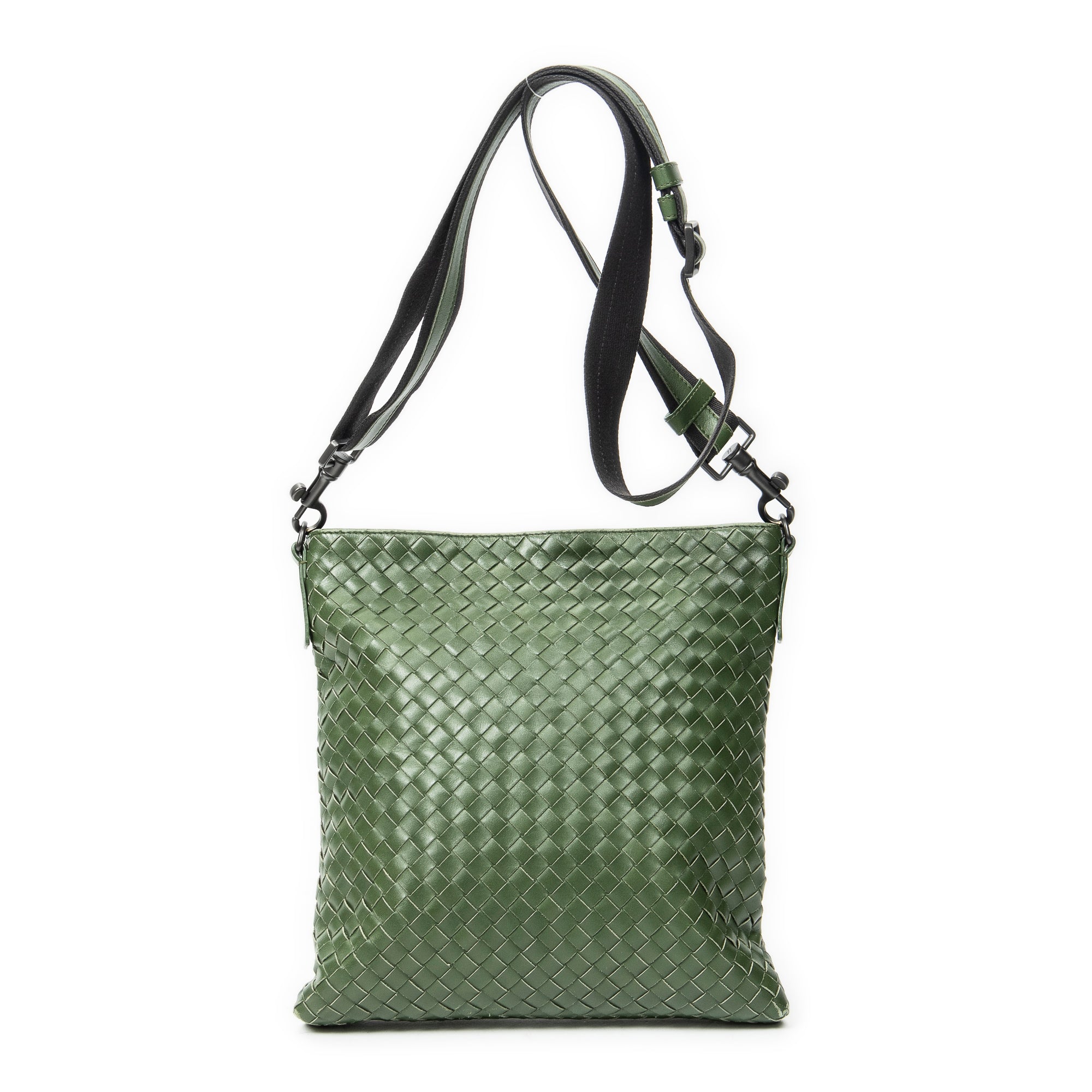 Shoulder Bag Flat Messenger Green Intrecciato Leather