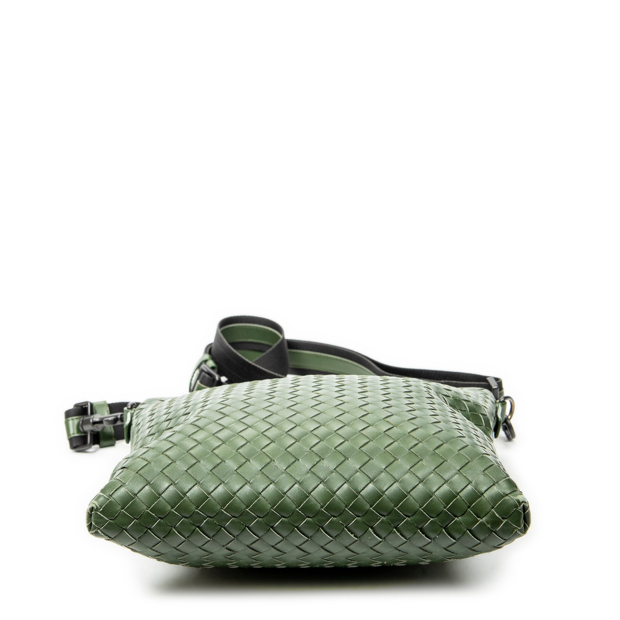 Shoulder Bag Flat Messenger Green Intrecciato Leather