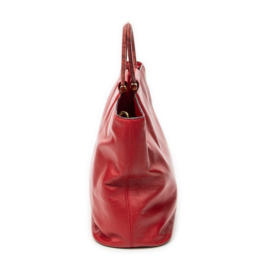 Shoulder Bag Top Handle Zip Tote Red Calfskin Leather