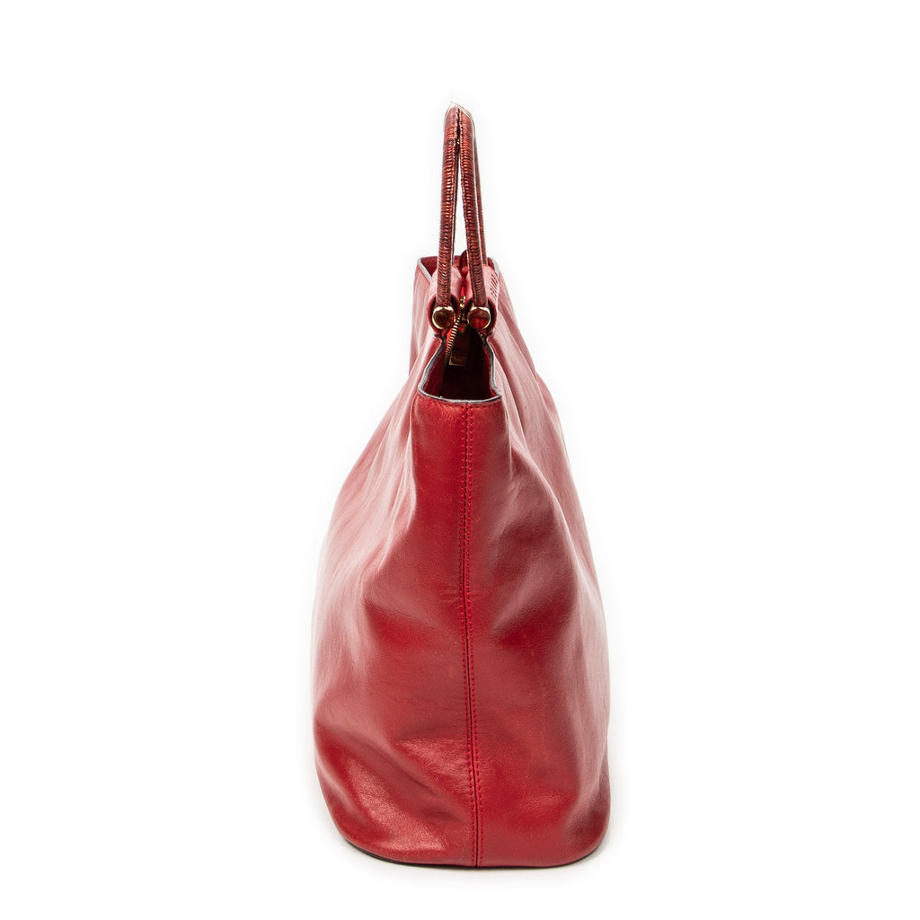 Shoulder Bag Top Handle Zip Tote Red Calfskin Leather