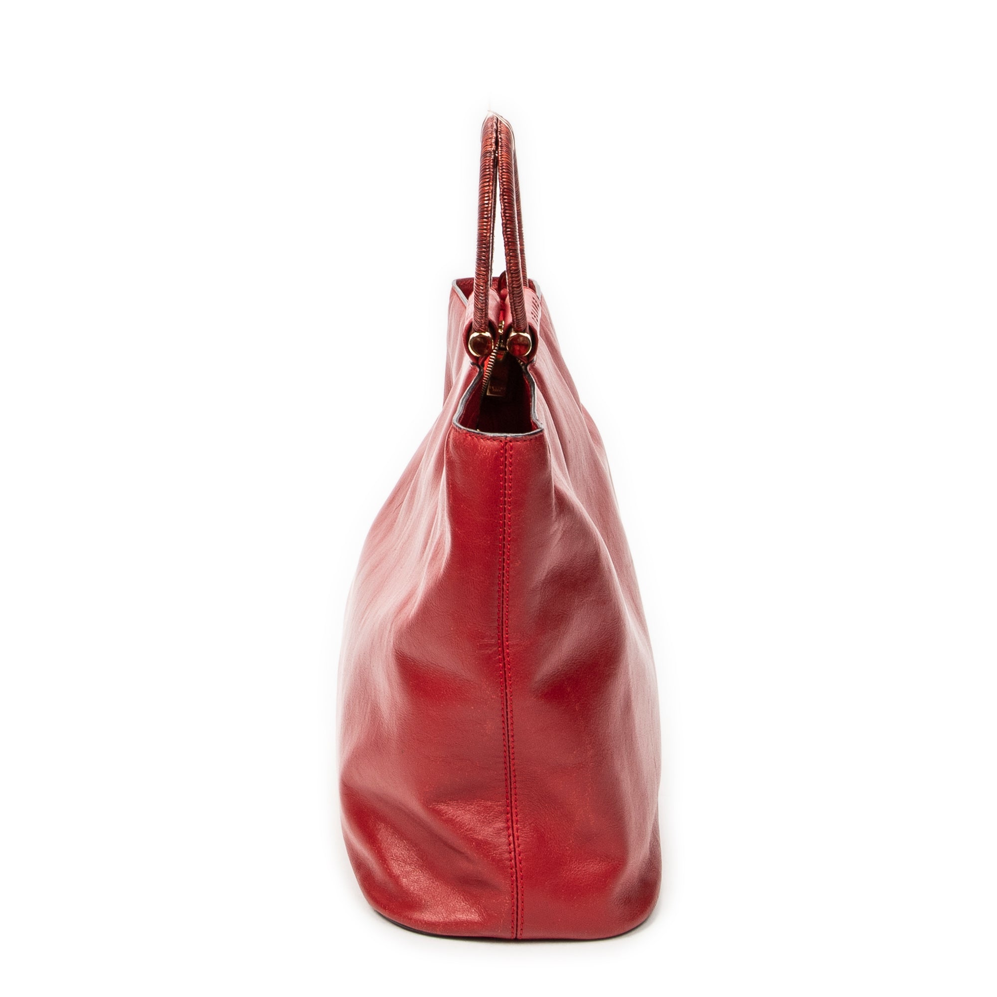 Shoulder Bag Top Handle Zip Tote Red Calfskin Leather