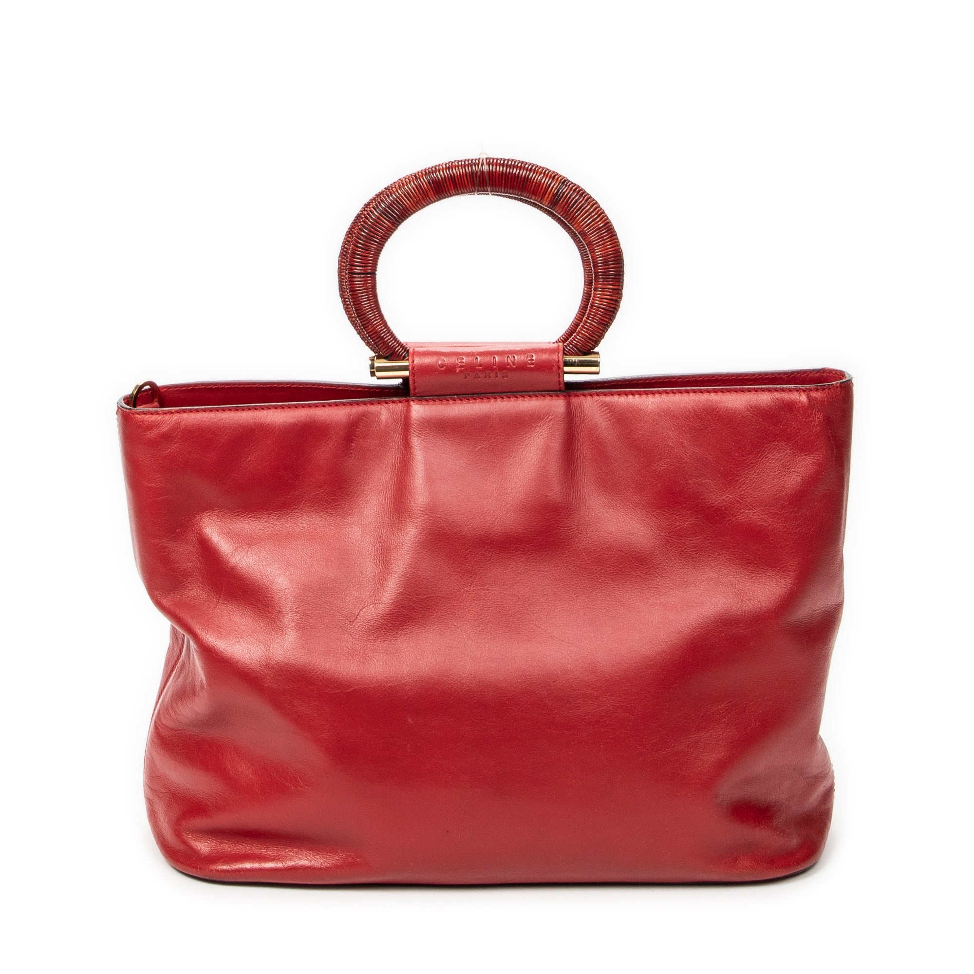 Shoulder Bag Top Handle Zip Tote Red Calfskin Leather