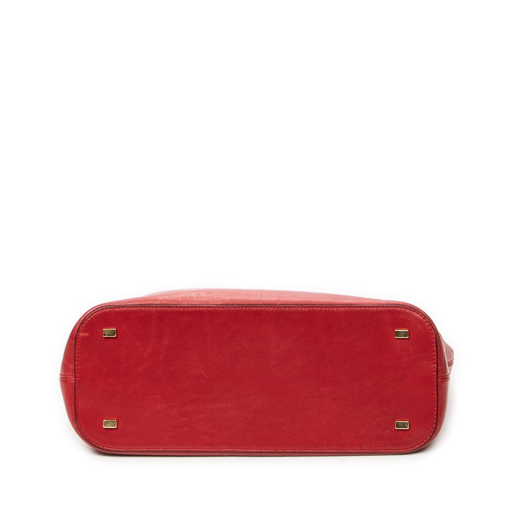 Shoulder Bag Top Handle Zip Tote Red Calfskin Leather