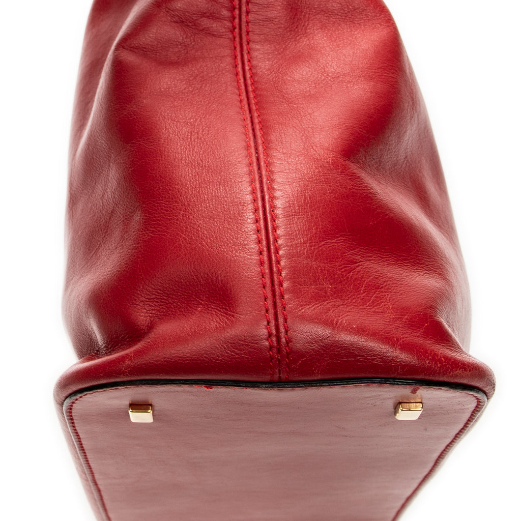 Shoulder Bag Top Handle Zip Tote Red Calfskin Leather