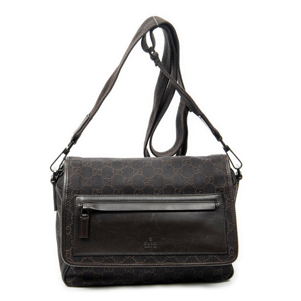Shoulder Bag Front Pocket Flap Crossbody Dark Brown Monogrammed Denim Canvas