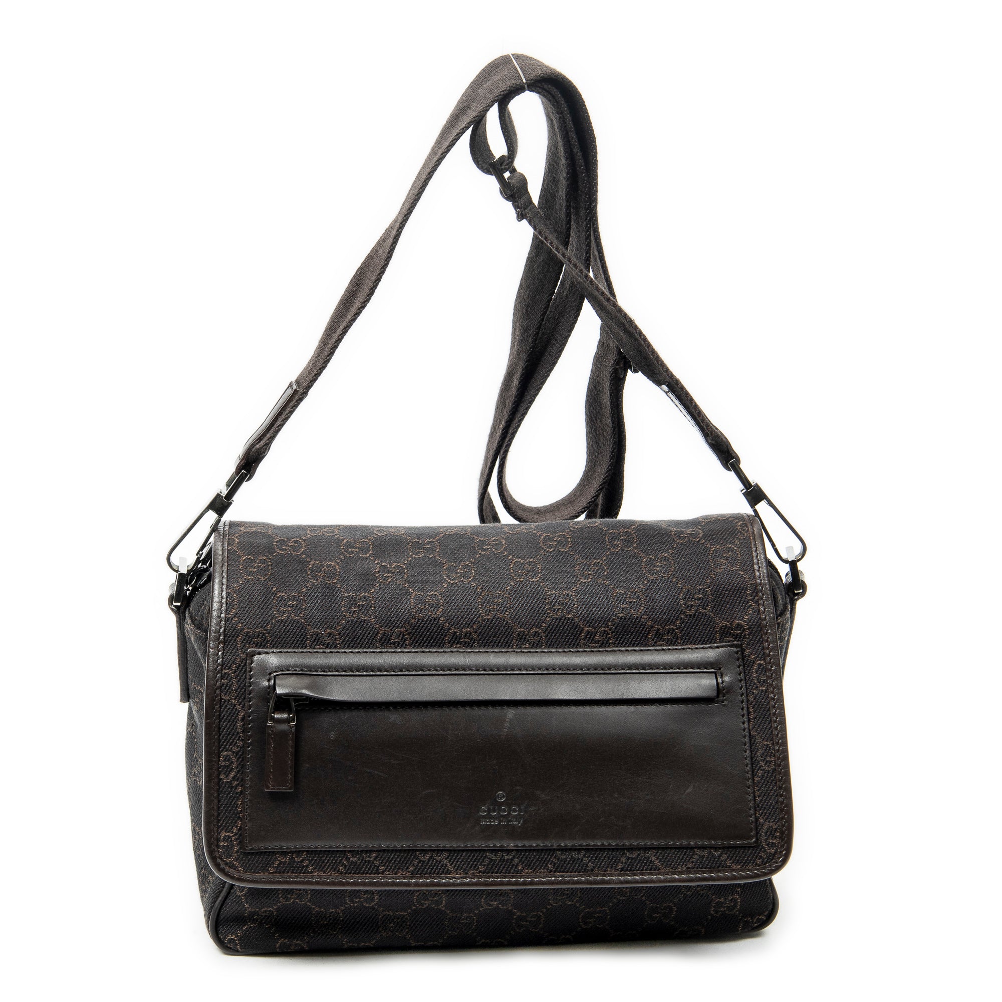 Shoulder Bag Front Pocket Flap Crossbody Dark Brown Monogrammed Denim Canvas