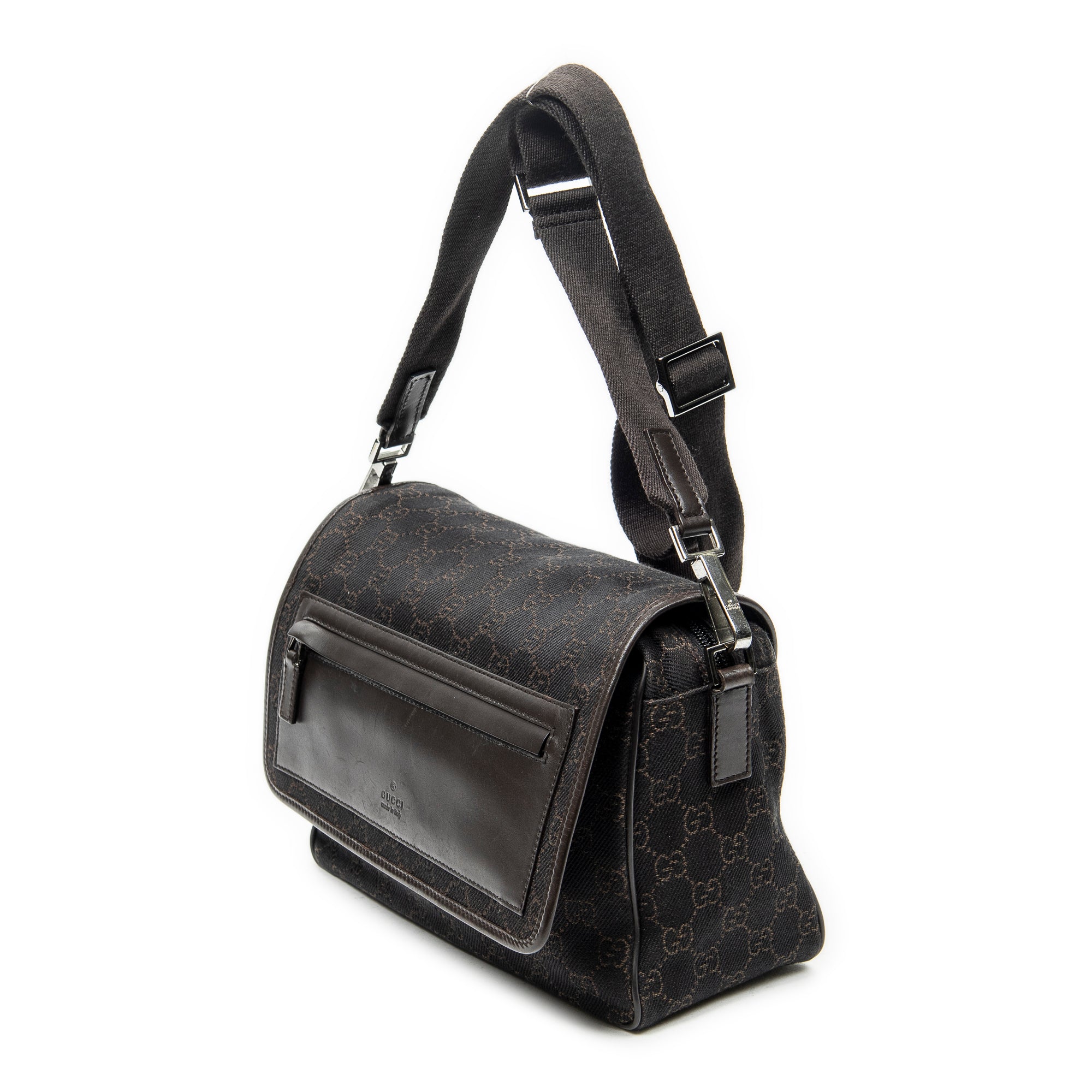 Shoulder Bag Front Pocket Flap Crossbody Dark Brown Monogrammed Denim Canvas