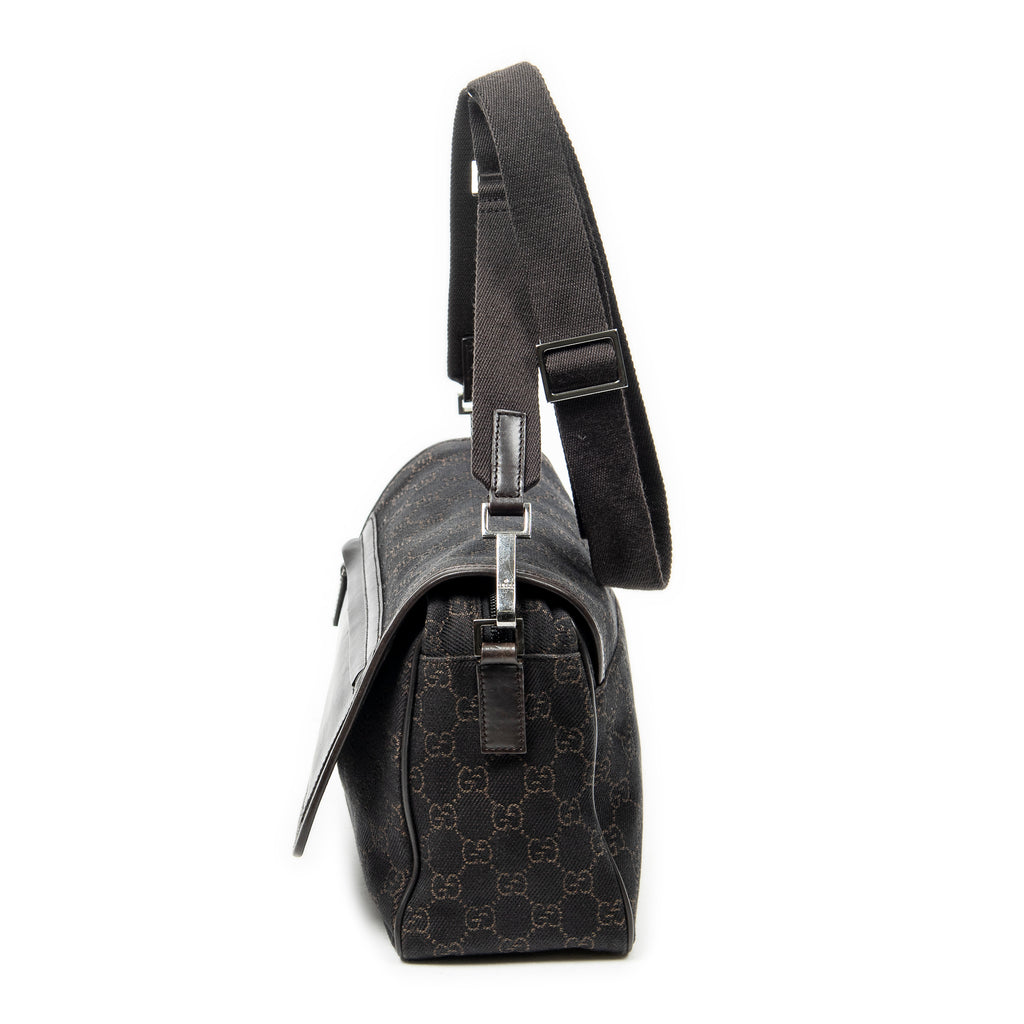 Shoulder Bag Front Pocket Flap Crossbody Dark Brown Monogrammed Denim Canvas
