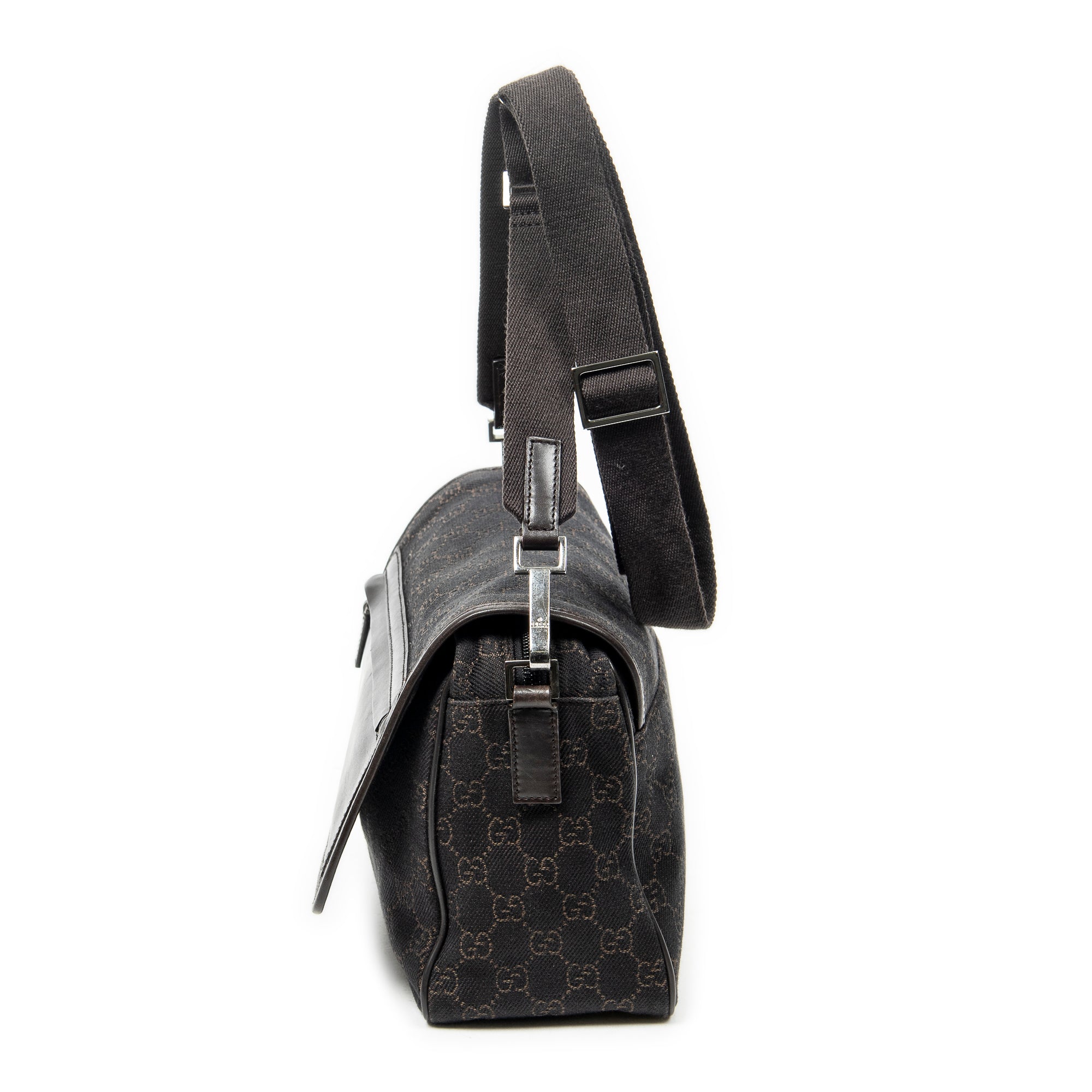 Shoulder Bag Front Pocket Flap Crossbody Dark Brown Monogrammed Denim Canvas