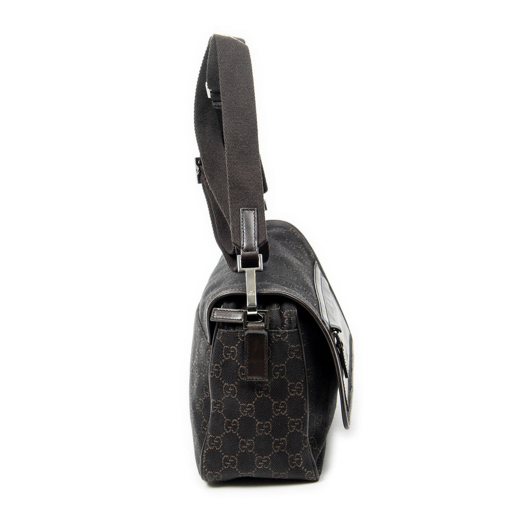 Shoulder Bag Front Pocket Flap Crossbody Dark Brown Monogrammed Denim Canvas