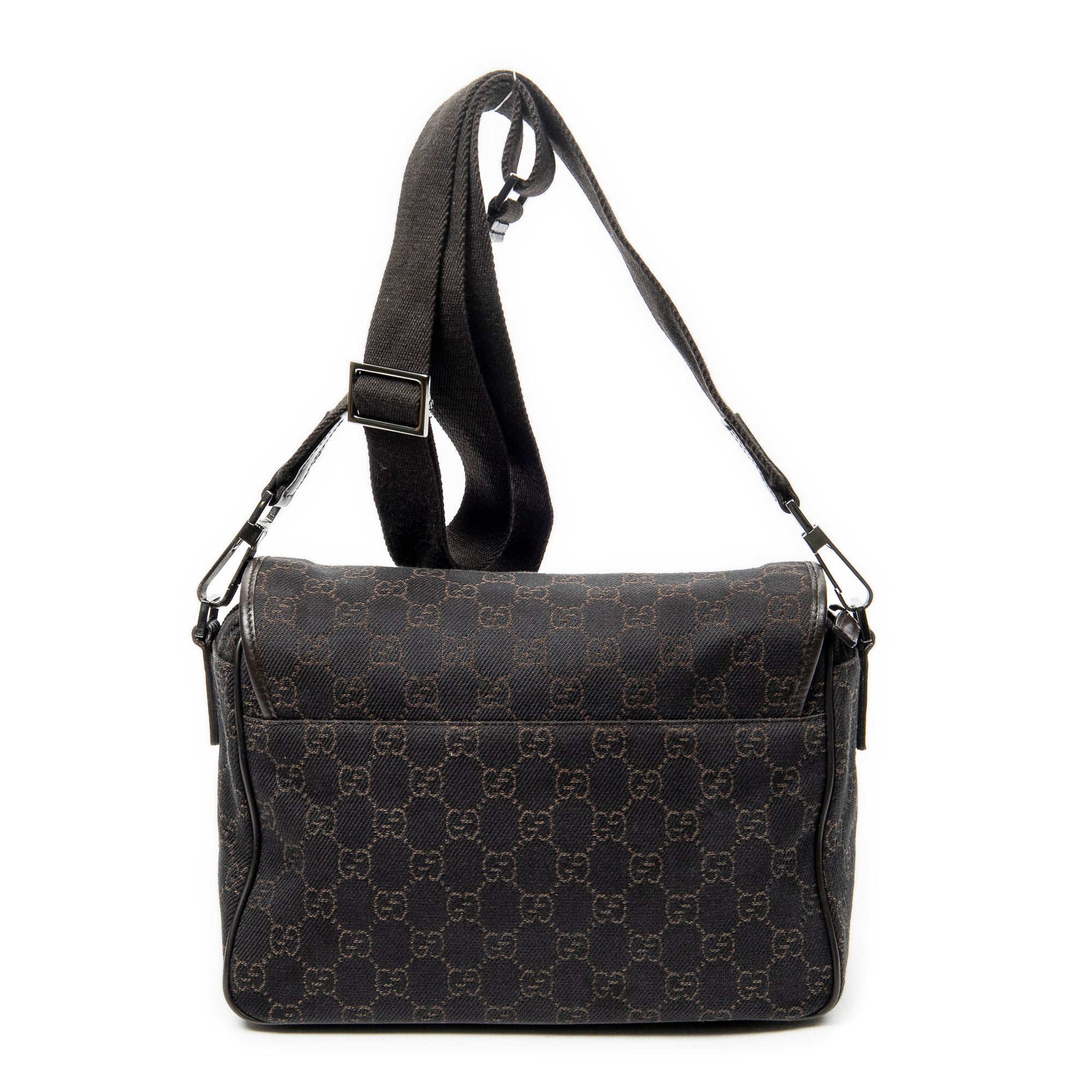 Shoulder Bag Front Pocket Flap Crossbody Dark Brown Monogrammed Denim Canvas