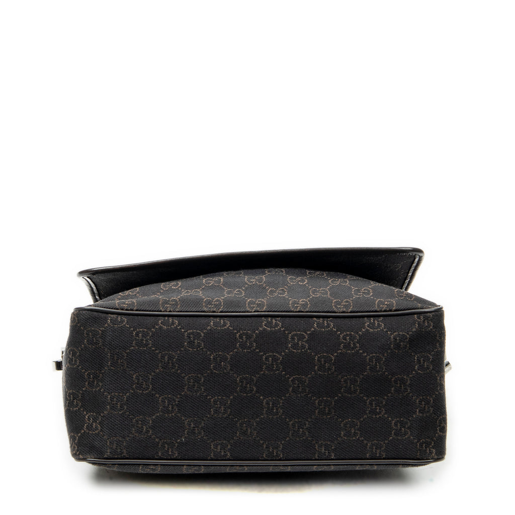 Shoulder Bag Front Pocket Flap Crossbody Dark Brown Monogrammed Denim Canvas
