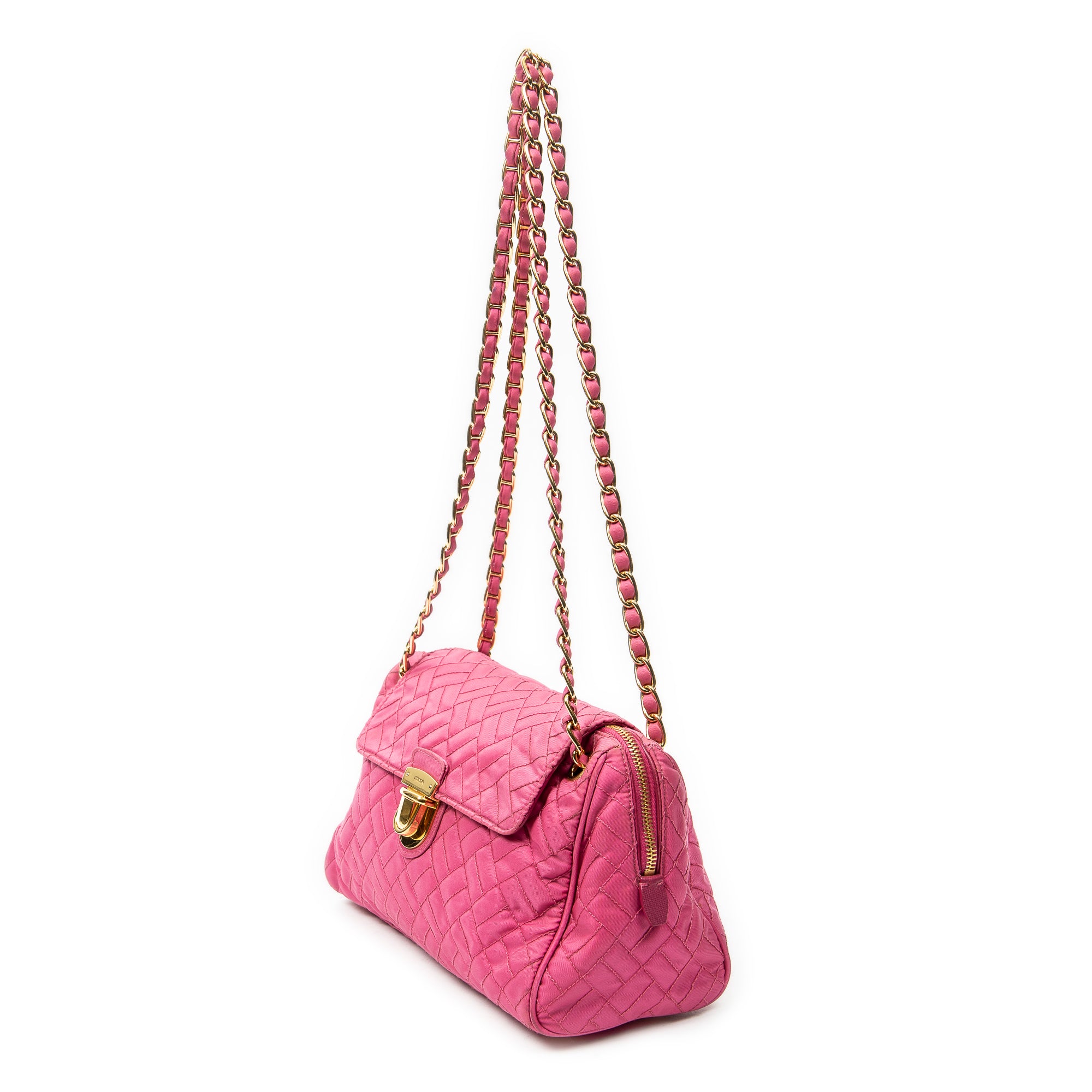 Shoulder Bag Chain Flap Pink Quilted Nylon Canvas