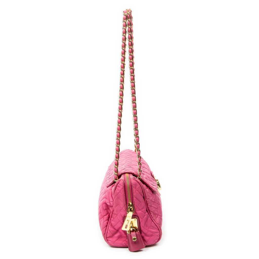 Shoulder Bag Chain Flap Pink Quilted Nylon Canvas