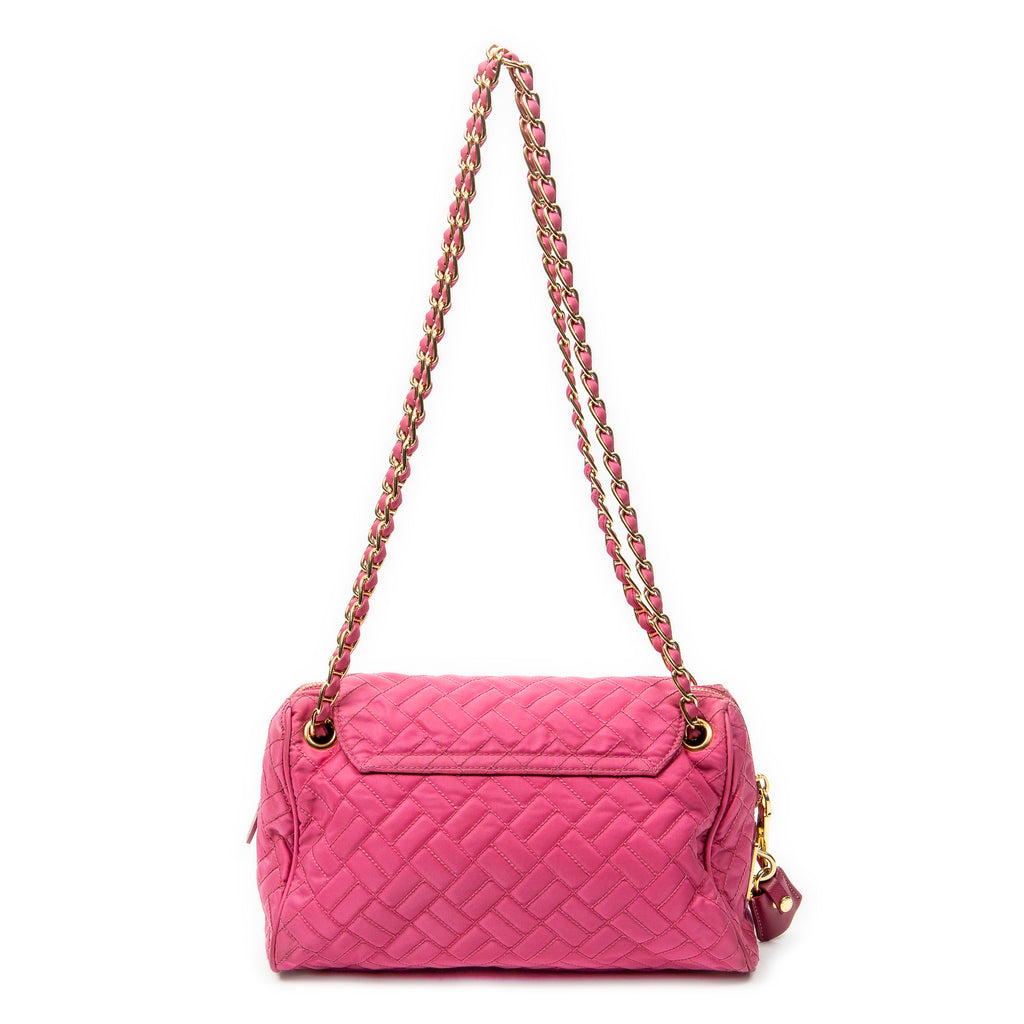 Shoulder Bag Chain Flap Pink Quilted Nylon Canvas
