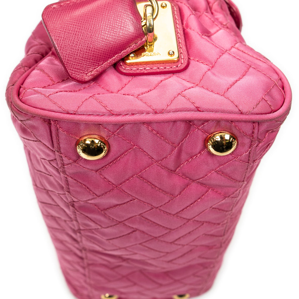Shoulder Bag Chain Flap Pink Quilted Nylon Canvas