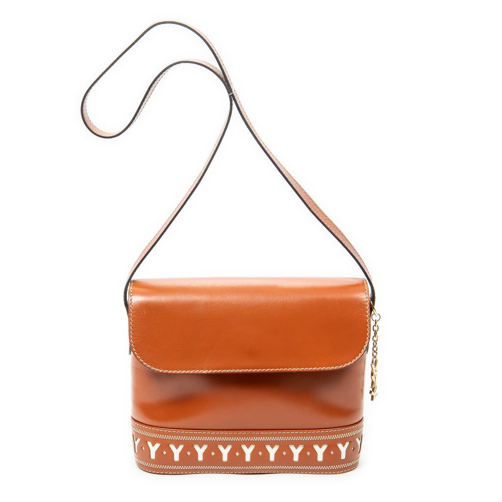 Shoulder Bag Flap Crossbody Brown Cutout Y Leather