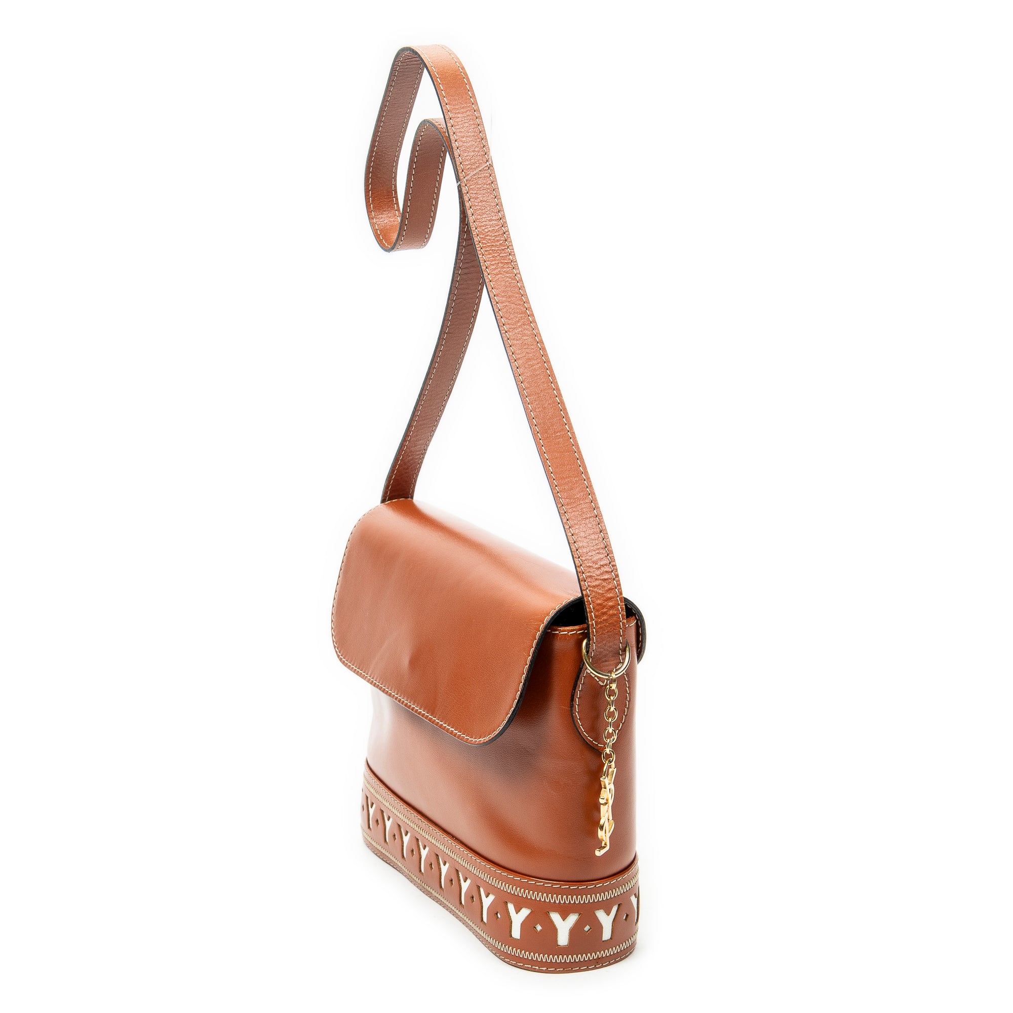 Shoulder Bag Flap Crossbody Brown Cutout Y Leather