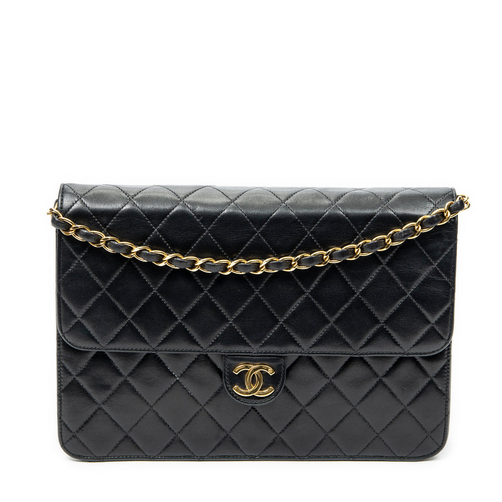 Shoulder Bag Vintage Push Lock Straight Flap Black Quilted Lambskin Leather