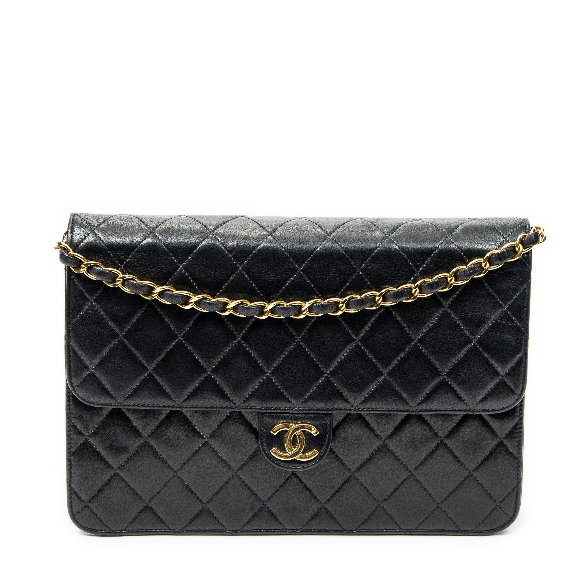 Shoulder Bag Vintage Push Lock Straight Flap Black Quilted Lambskin Leather