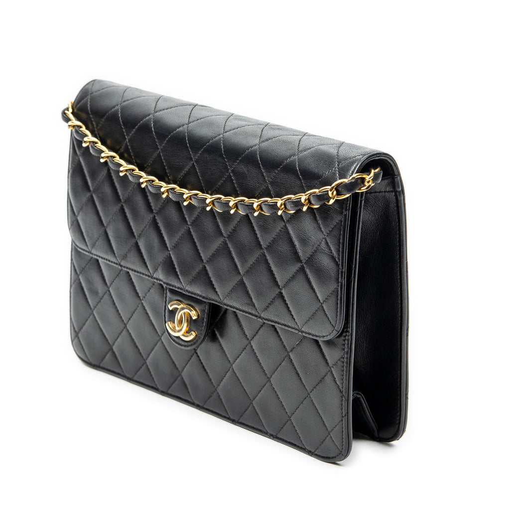 Shoulder Bag Vintage Push Lock Straight Flap Black Quilted Lambskin Leather