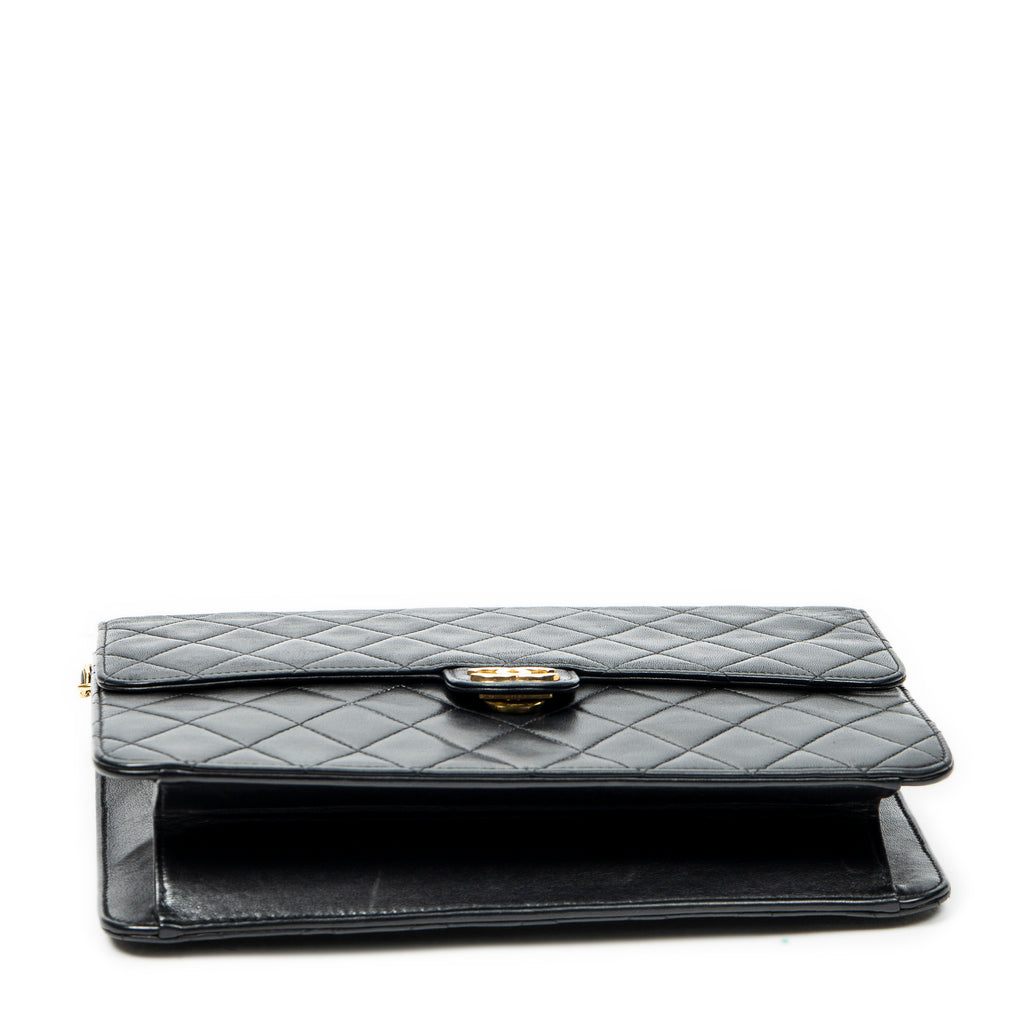 Shoulder Bag Vintage Push Lock Straight Flap Black Quilted Lambskin Leather