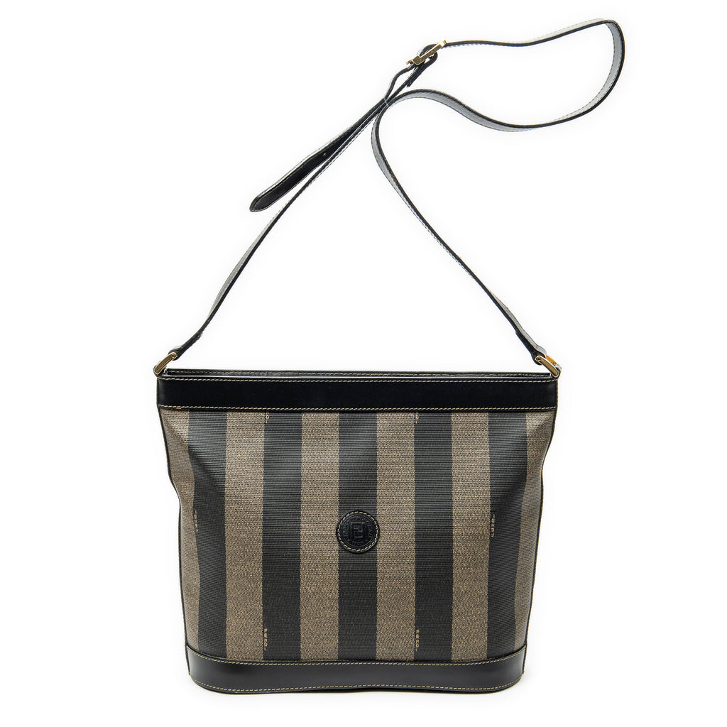 Shoulder Bag Bucket Crossbody Brown Pequin Stripe Coated Canvas