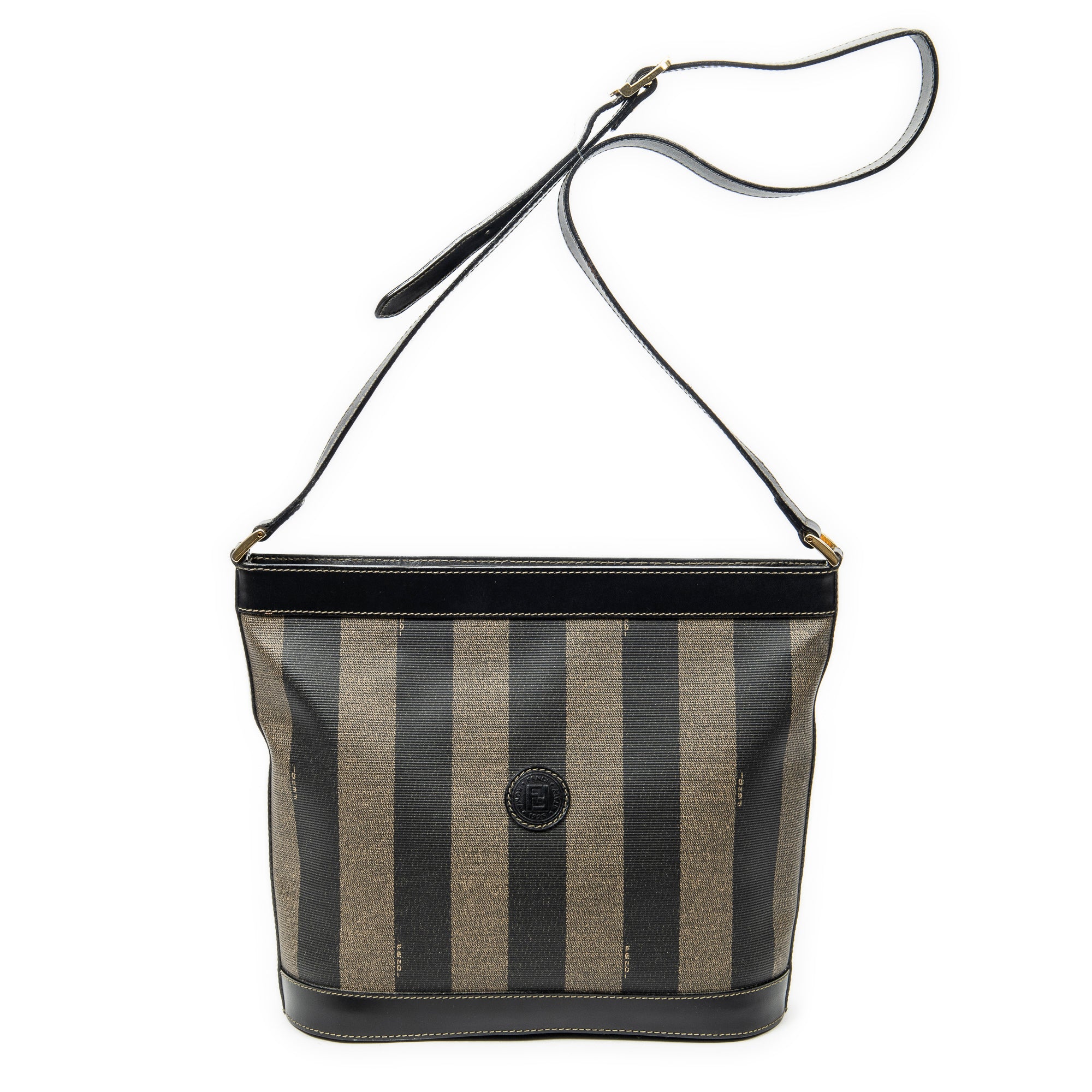 Shoulder Bag Bucket Crossbody Brown Pequin Stripe Coated Canvas
