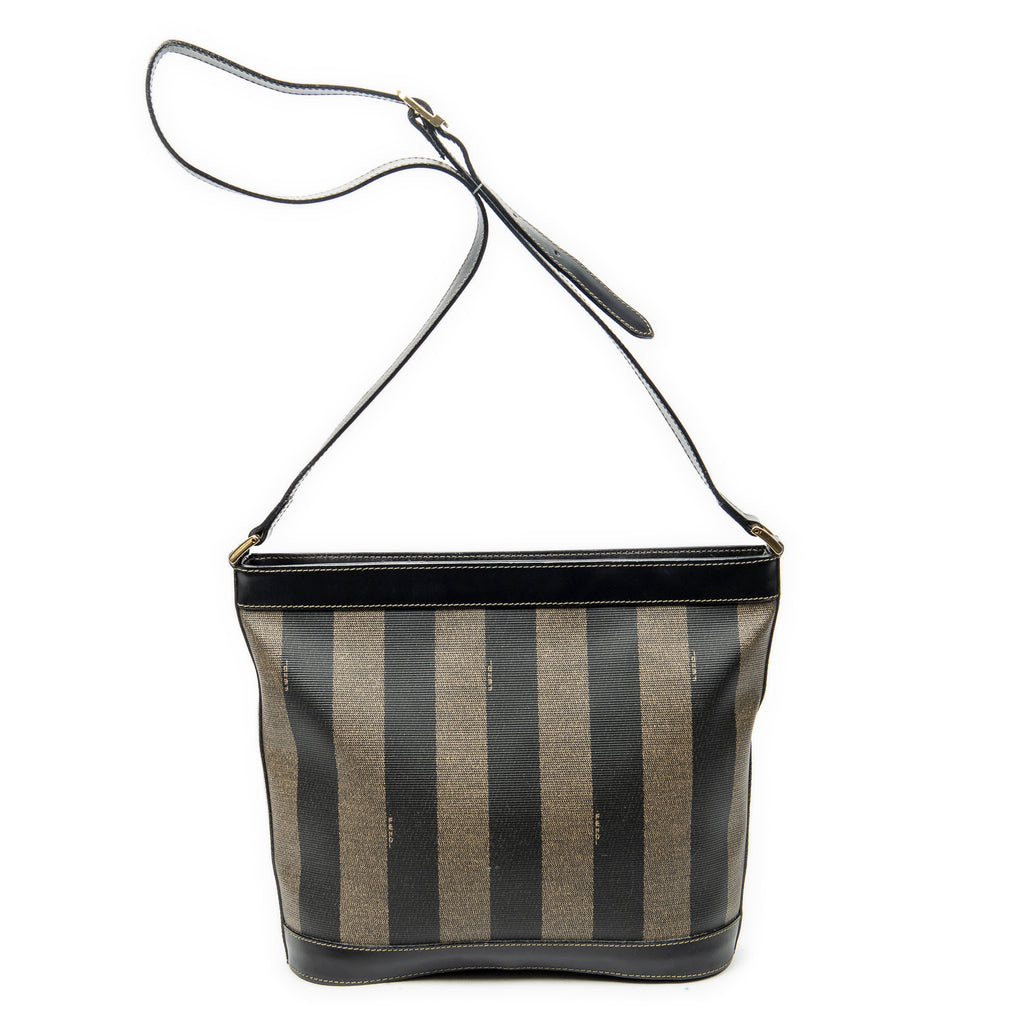 Shoulder Bag Bucket Crossbody Brown Pequin Stripe Coated Canvas