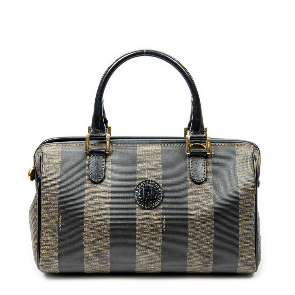 Handbag Mini Frame Boston Brown Pequin Stripe Coated Canvas