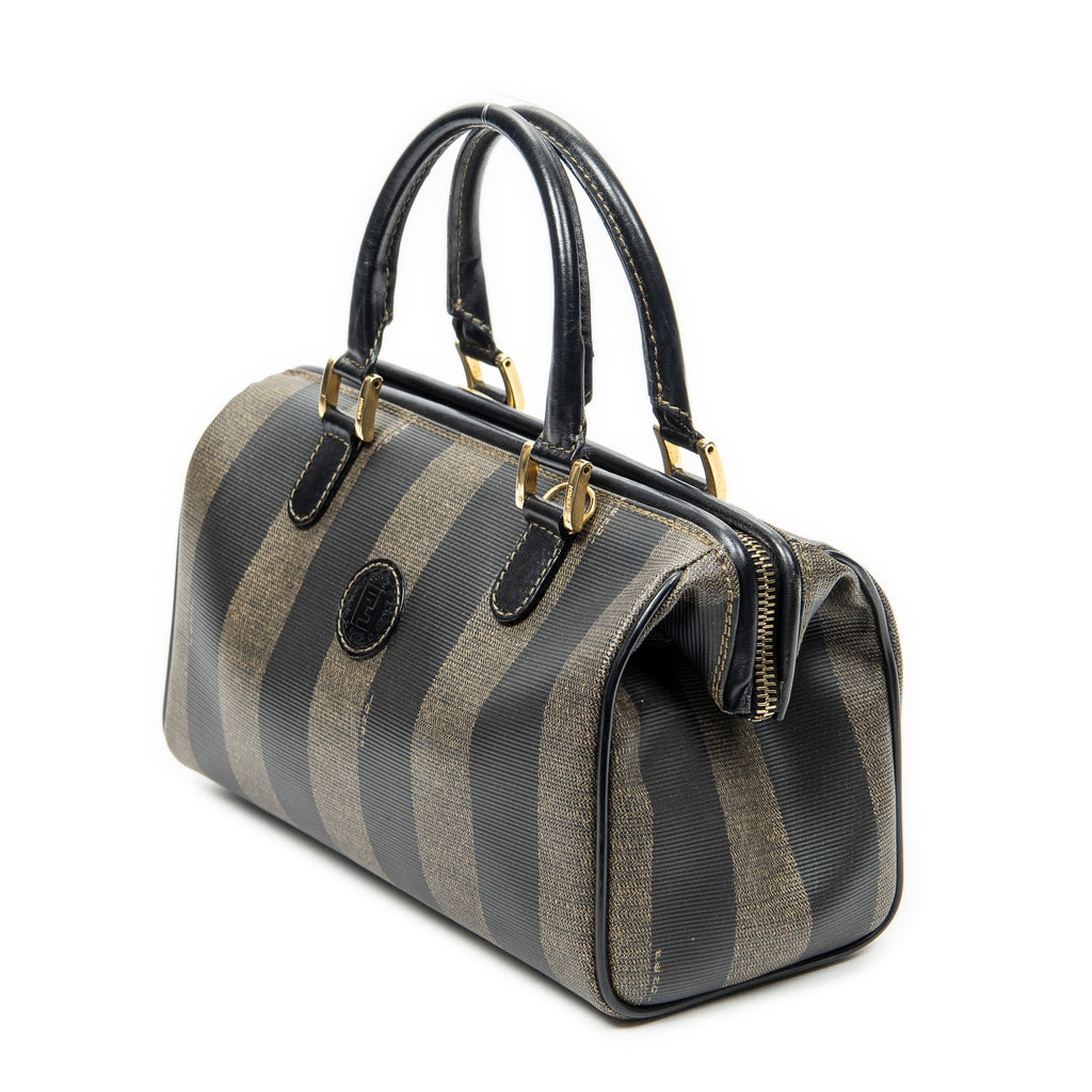 Handbag Mini Frame Boston Brown Pequin Stripe Coated Canvas