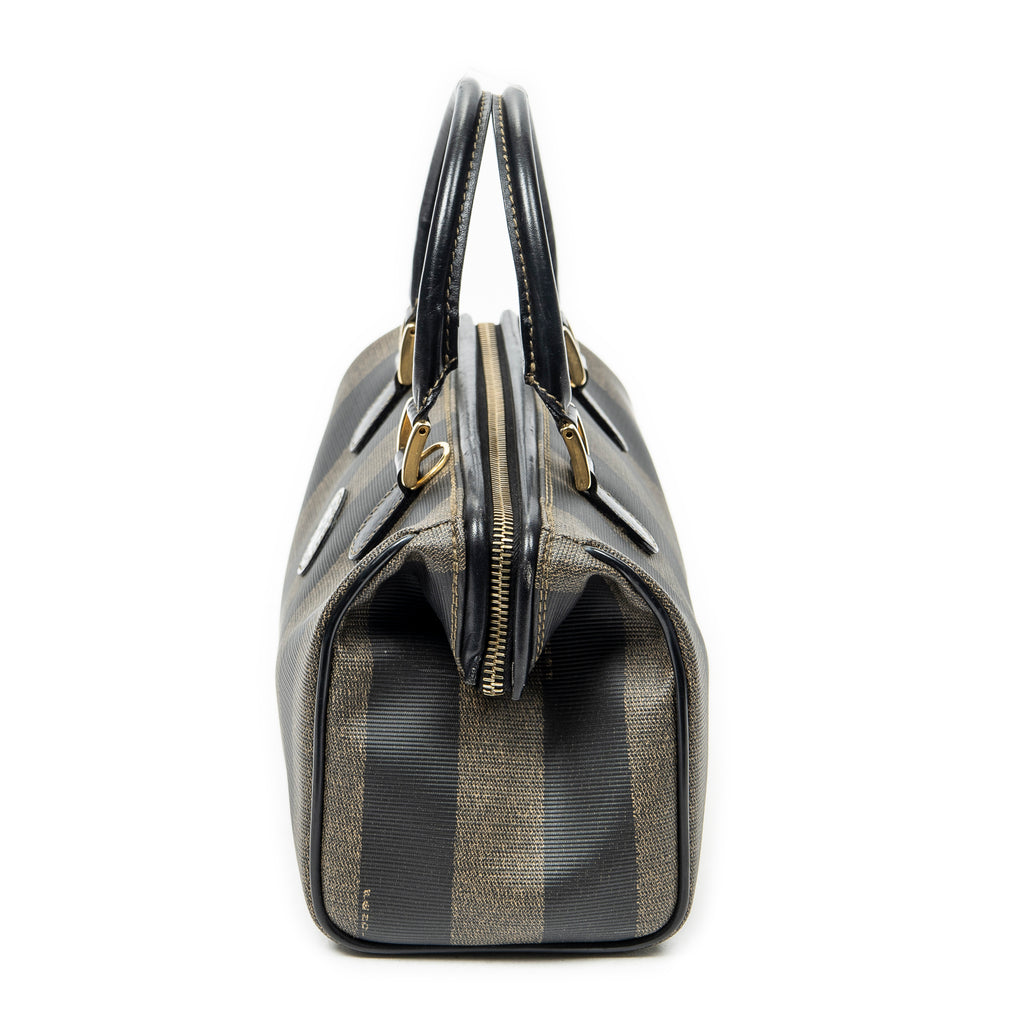 Handbag Mini Frame Boston Brown Pequin Stripe Coated Canvas
