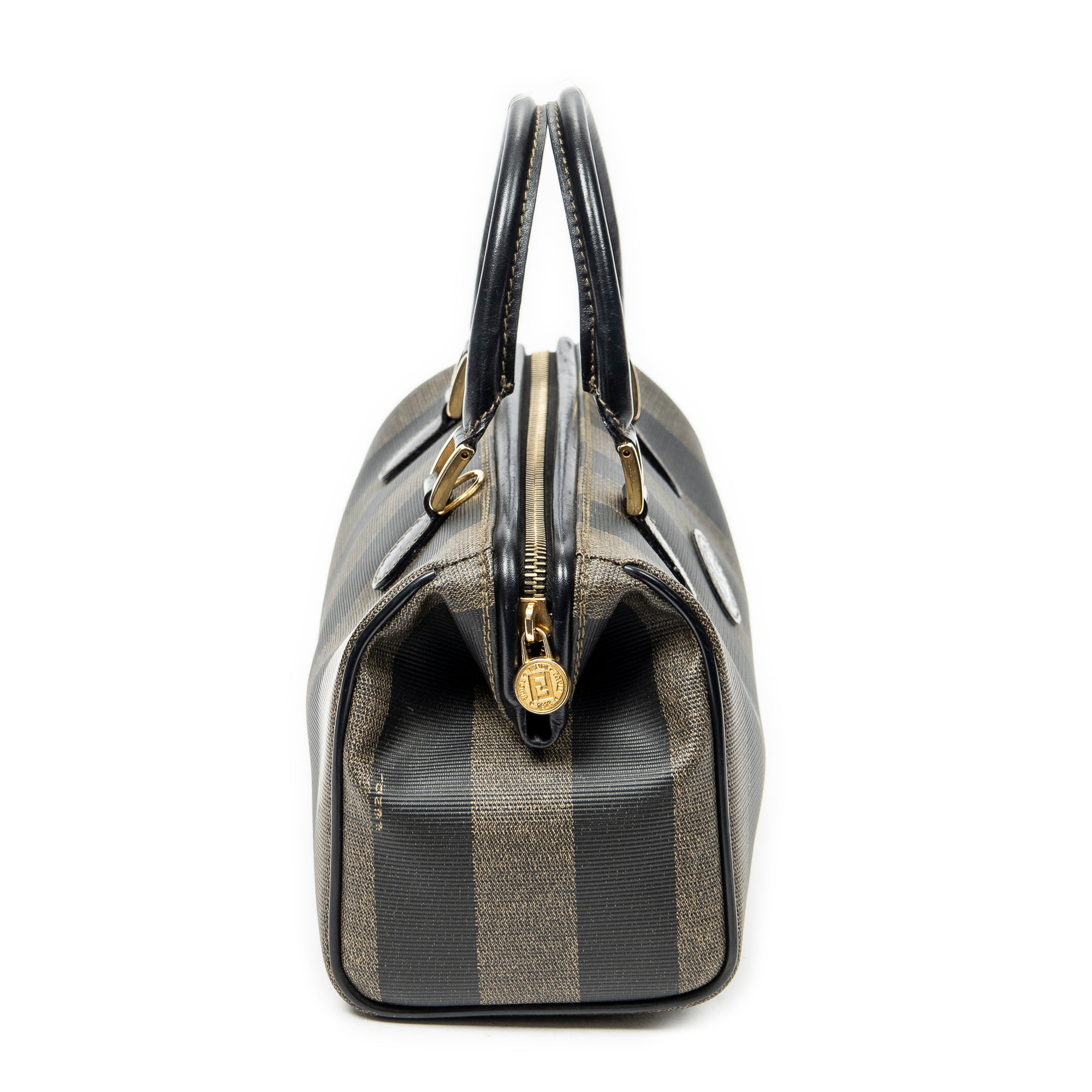 Handbag Mini Frame Boston Brown Pequin Stripe Coated Canvas