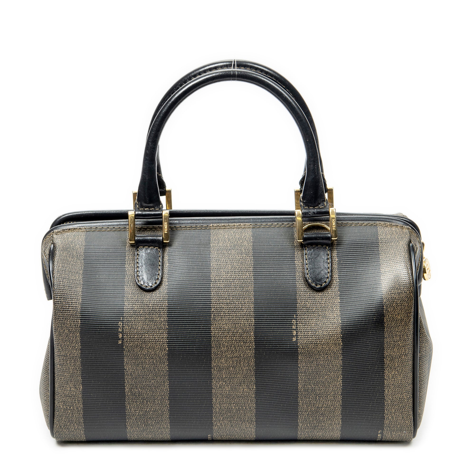 Handbag Mini Frame Boston Brown Pequin Stripe Coated Canvas