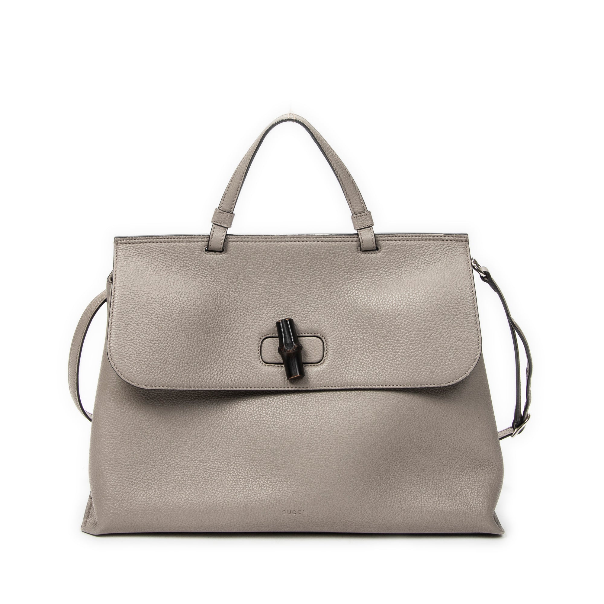 Shoulder Bag Large Bamboo Daily Top Handle Grey Grained Calfskin Leather