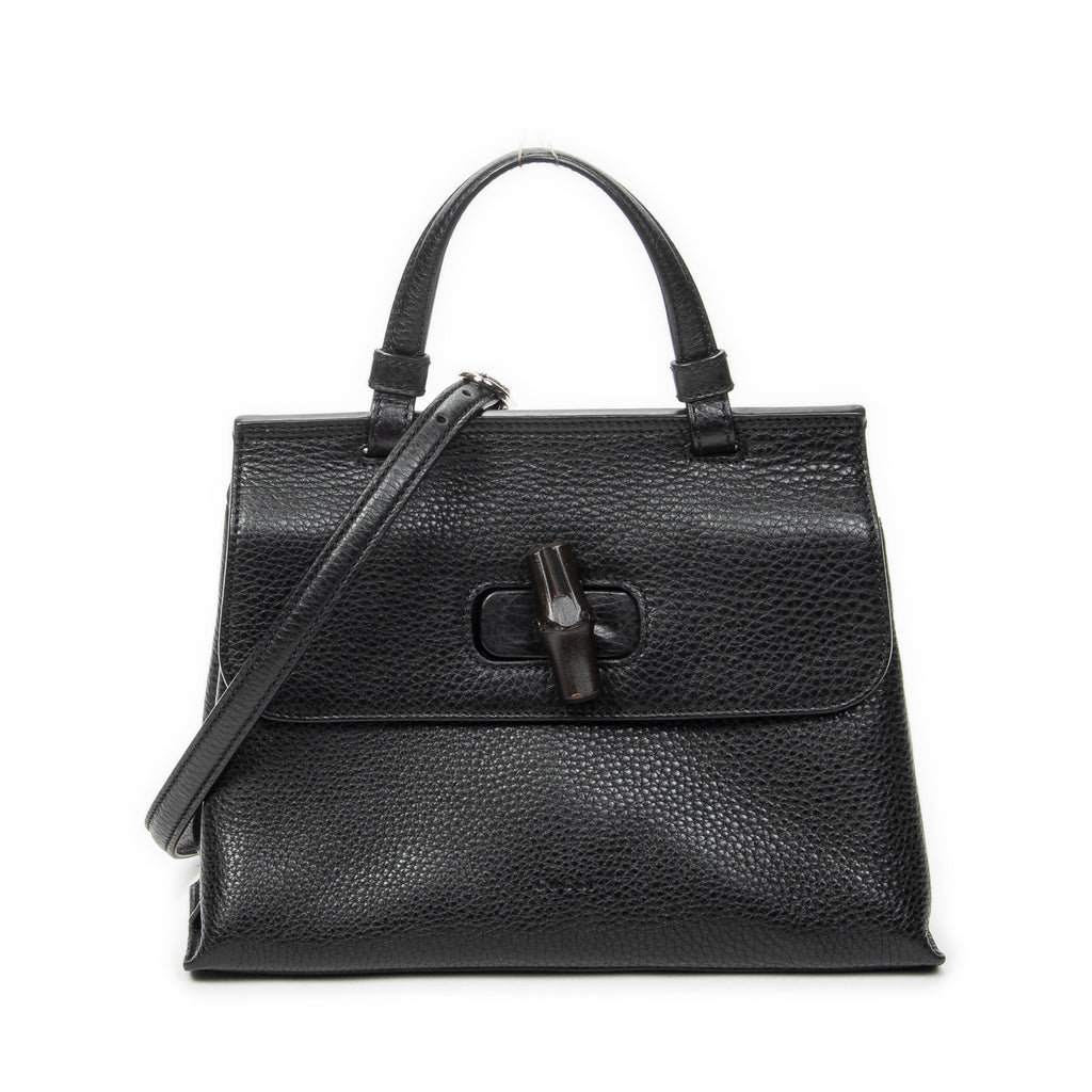 Shoulder Bag Small Bamboo Daily Top Handle Black Grained Calfskin Leather