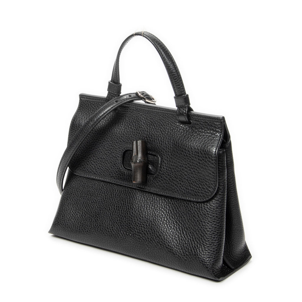 Shoulder Bag Small Bamboo Daily Top Handle Black Grained Calfskin Leather