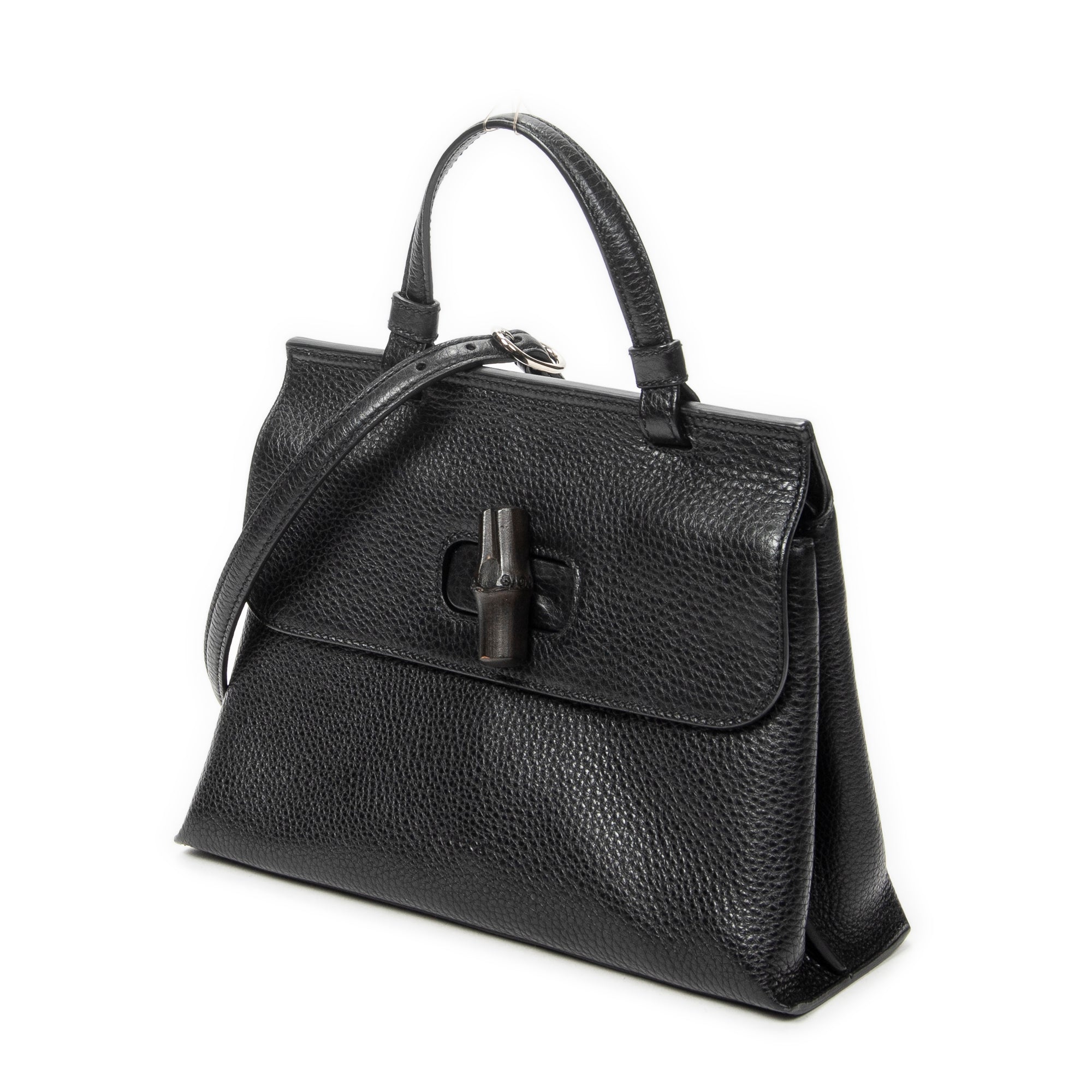 Shoulder Bag Small Bamboo Daily Top Handle Black Grained Calfskin Leather