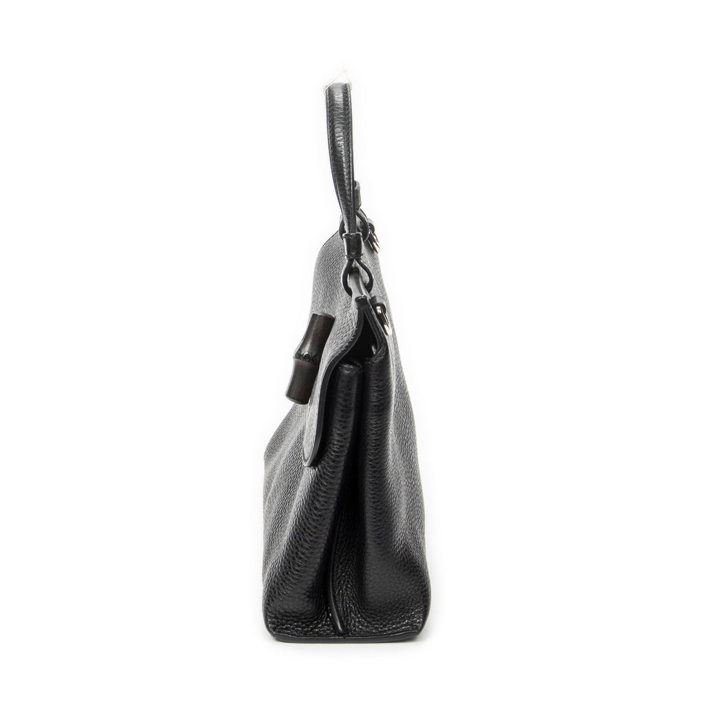 Shoulder Bag Small Bamboo Daily Top Handle Black Grained Calfskin Leather
