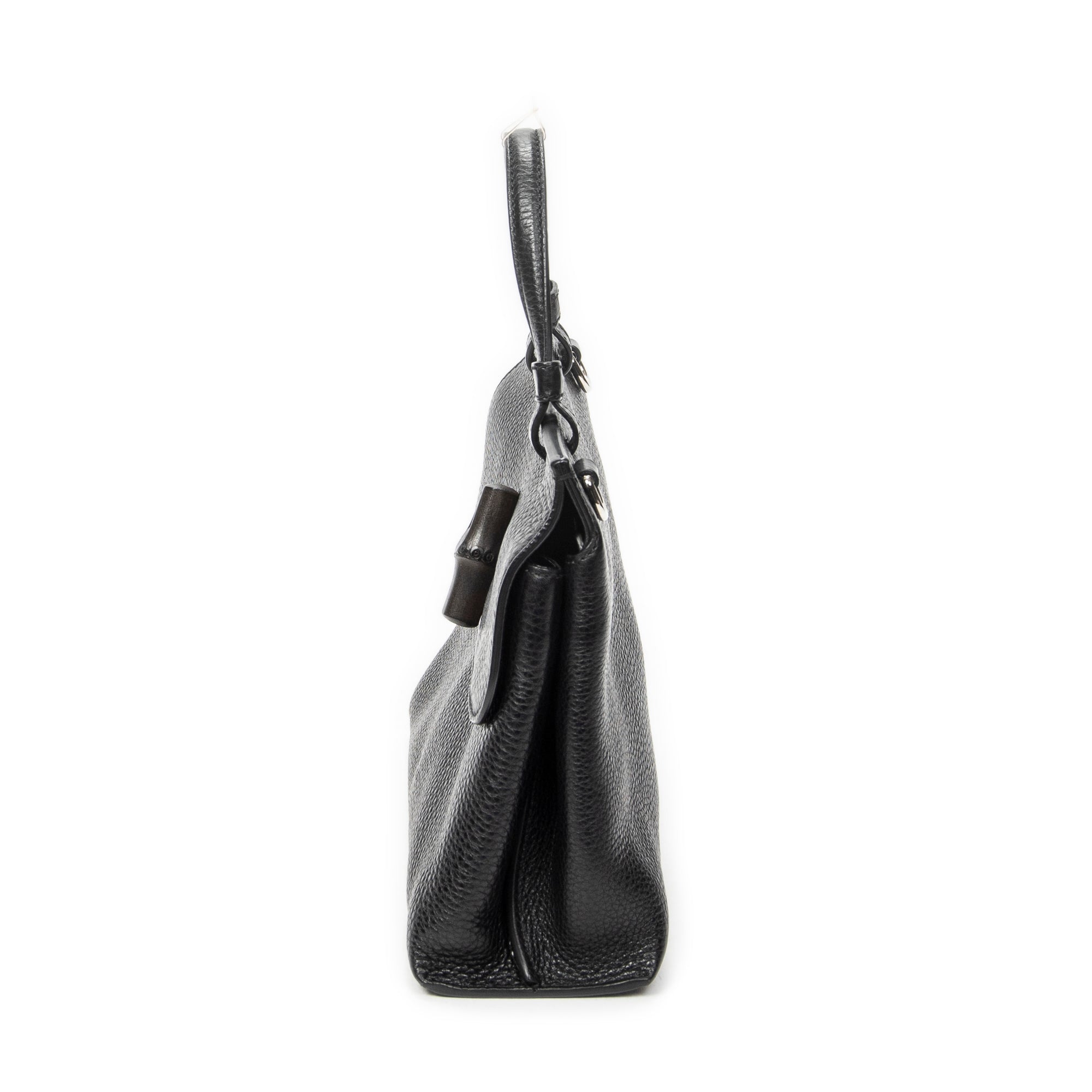 Shoulder Bag Small Bamboo Daily Top Handle Black Grained Calfskin Leather