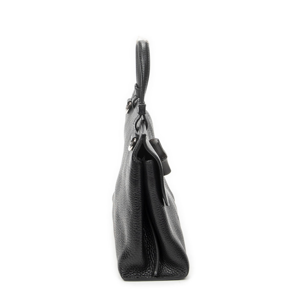 Shoulder Bag Small Bamboo Daily Top Handle Black Grained Calfskin Leather