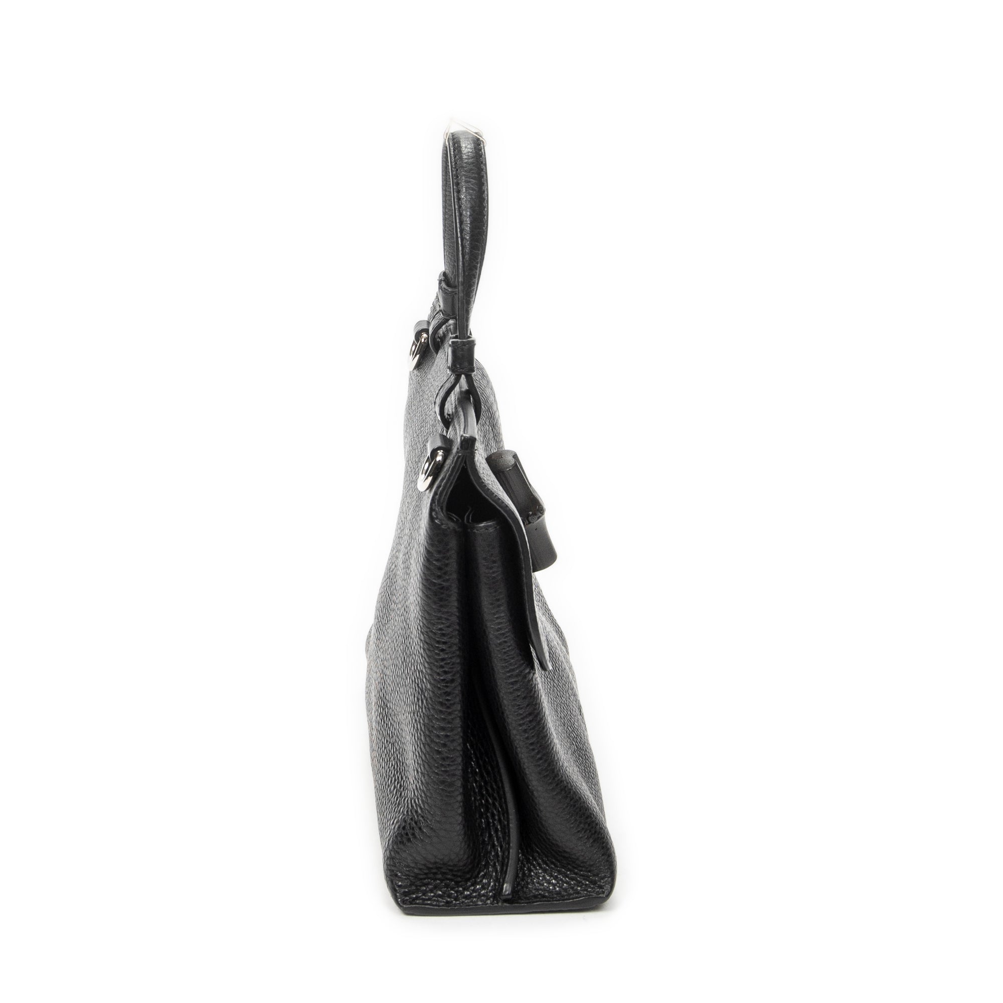 Shoulder Bag Small Bamboo Daily Top Handle Black Grained Calfskin Leather