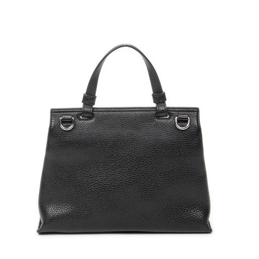 Shoulder Bag Small Bamboo Daily Top Handle Black Grained Calfskin Leather