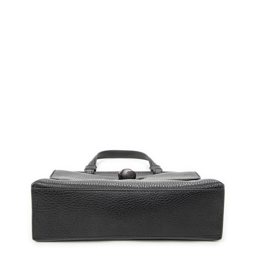 Shoulder Bag Small Bamboo Daily Top Handle Black Grained Calfskin Leather